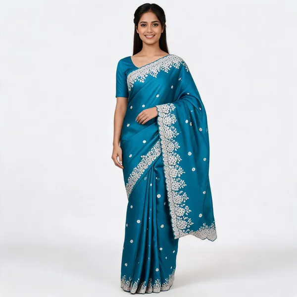 Teal_Silk_Floral_Lace_Border_Saree_For_Women
