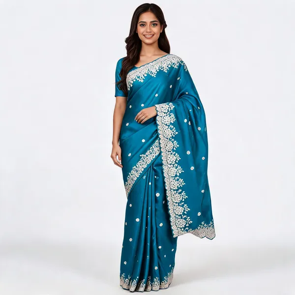 Teal_Silk_Floral_Lace_Border_Saree_For_Women