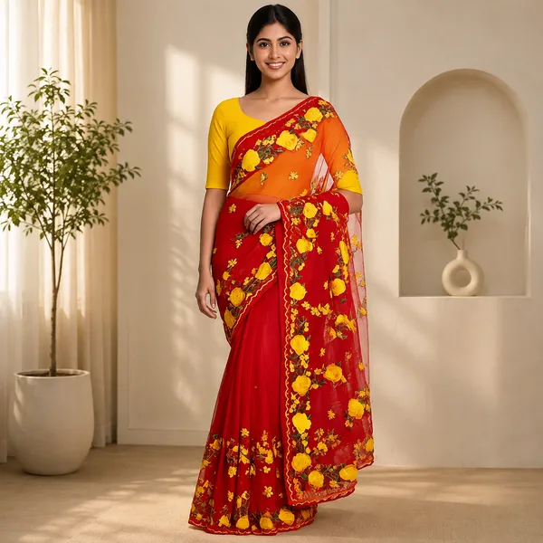 Red_Net_Floral_Printed_Saree_For_Women