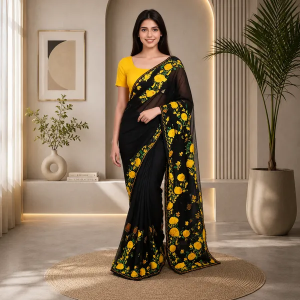 Black_Net_Floral_Printed_Saree_For_Women