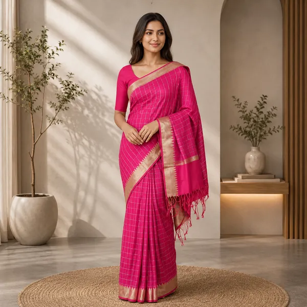 Pink_Silk_Checked_Saree_For_Women