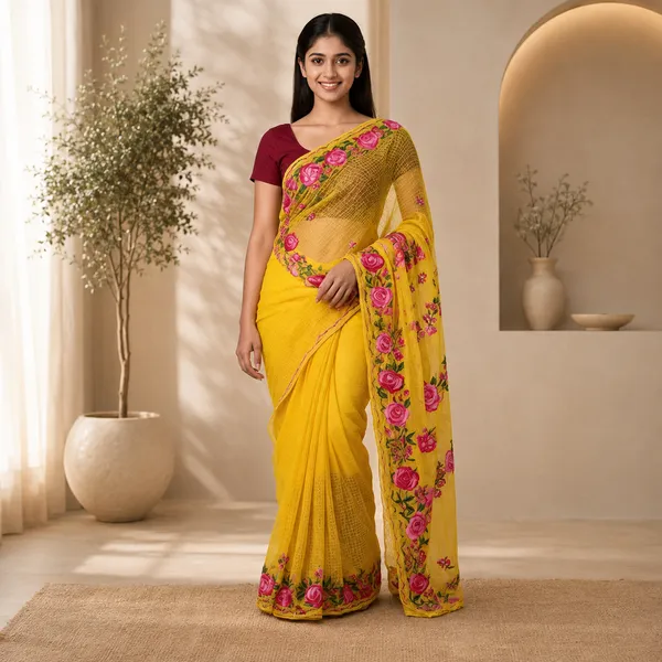 Yellow_Net_Floral_Printed_Saree_For_Women