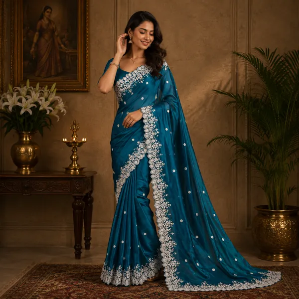 Teal_Silk_Floral_Lace_Border_Saree_For_Women