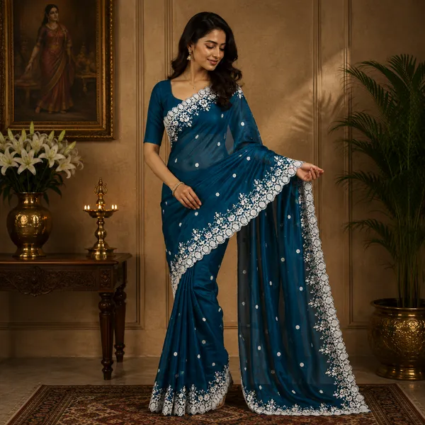 Teal_Silk_Floral_Lace_Border_Saree_For_Women
