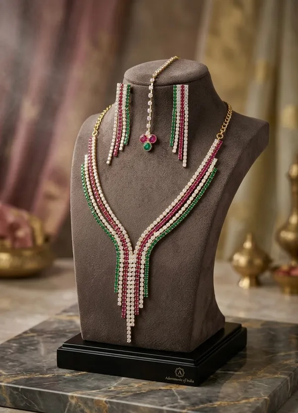 Golden_Brass_Tricolor_Crystal_Layered_Drop_Necklace_Set_For_Women