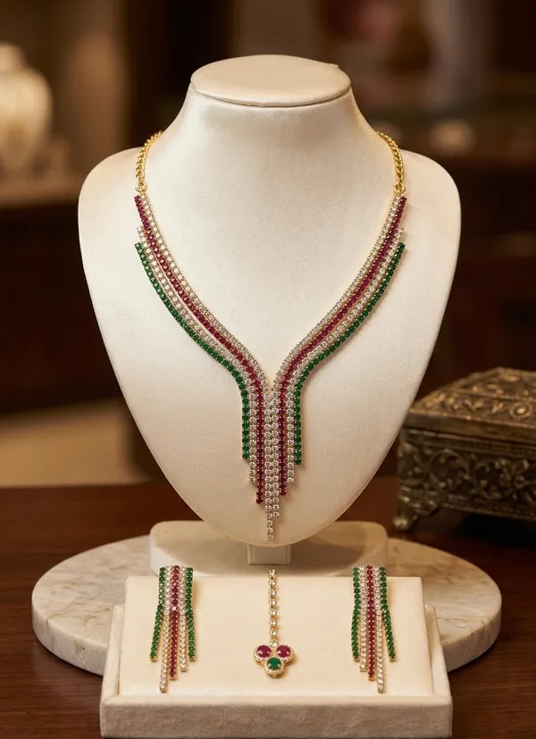 Golden_Brass_Tricolor_Crystal_Layered_Drop_Necklace_Set_For_Women
