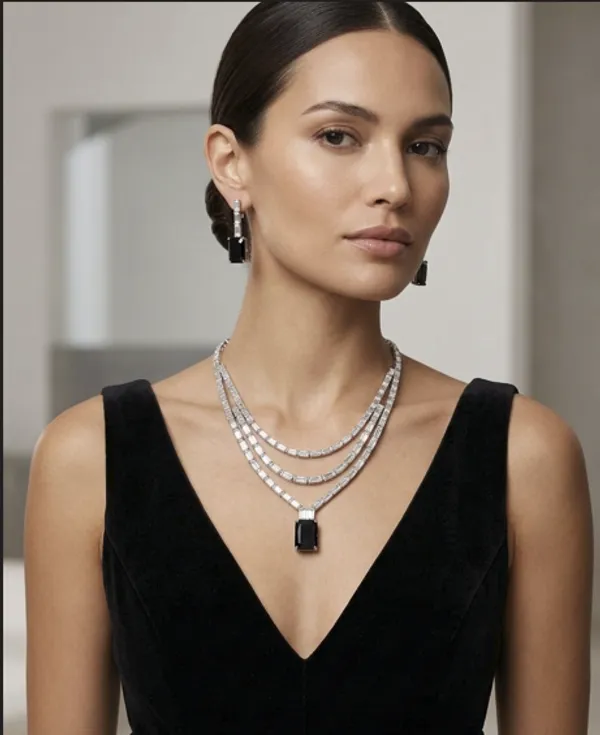 Silver_Brass_Baguette_Crystal_Black_Gemstone_Layered_Necklace_For_Women