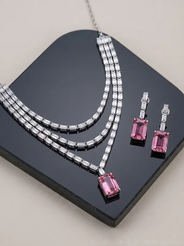 Silver_Pink_Topaz_Layered_Diamond_Necklace_Set_For_Women