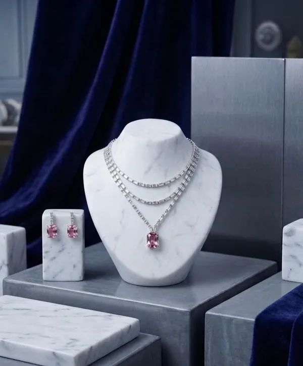 Silver_Pink_Topaz_Layered_Diamond_Necklace_Set_For_Women