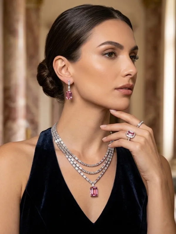 Silver_Pink_Topaz_Layered_Diamond_Necklace_Set_For_Women