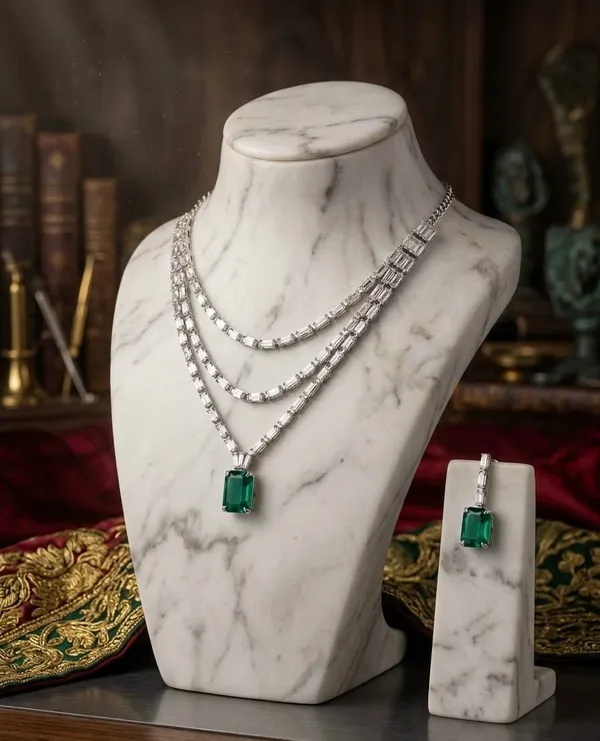 Silver_Green_Topaz_Layered_Diamond_Necklace_Set_For_Women