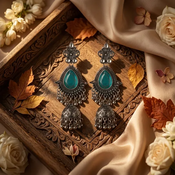 Blue_Brass_Oxidized_Turquoise_Floral_Jhumka_For_Women