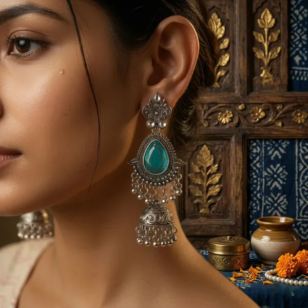 Blue_Brass_Oxidized_Turquoise_Floral_Jhumka_For_Women