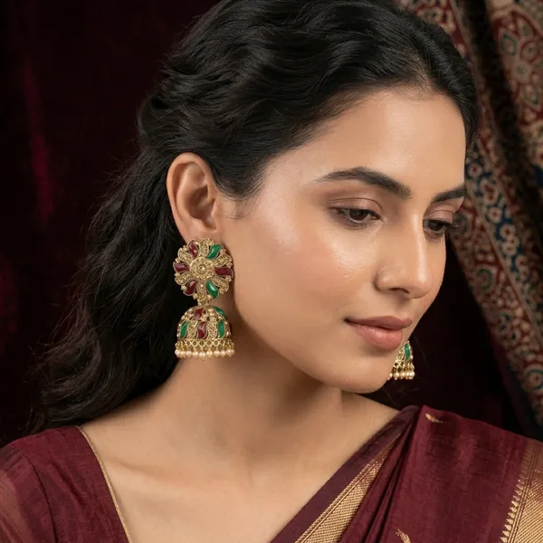 Golden_Brass_Maroon_Green_Meenakari_Floral_Jhumka_For_Women