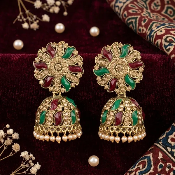 Golden_Brass_Maroon_Green_Meenakari_Floral_Jhumka_For_Women