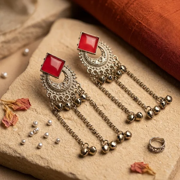 Antique_Gold_Red_Carnelian_Chain_Jhumka_For_Women