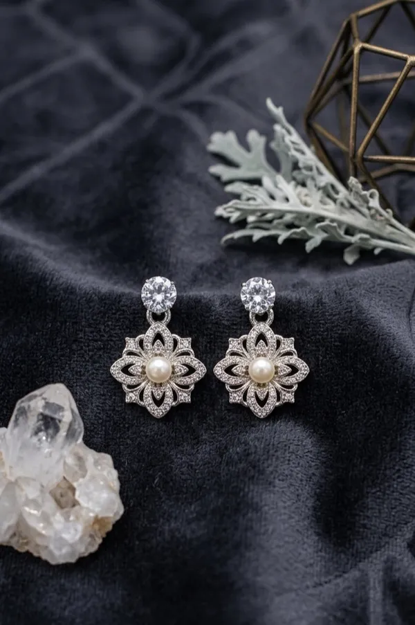 Silver_Brass_Pearl_Lotus_Flower_Drop_Earrings_For_Women