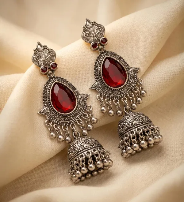 Oxidized_Silver_Red_Stone_Filigree_Jhumka_For_Women