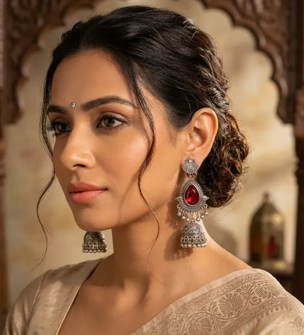 Oxidized_Silver_Red_Stone_Filigree_Jhumka_For_Women