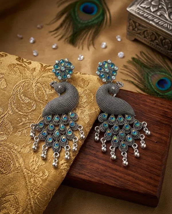 Black_Blue_Brass_Peacock_Motif_Earrings_For_Women
