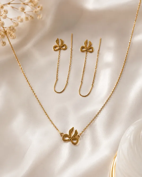Gold_Brass_Bow_Pendant_Necklace_Threader_Earrings_Set_For_Women