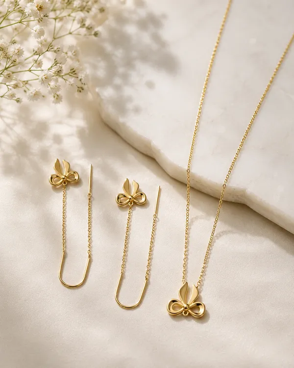 Gold_Brass_Bow_Pendant_Necklace_Threader_Earrings_Set_For_Women