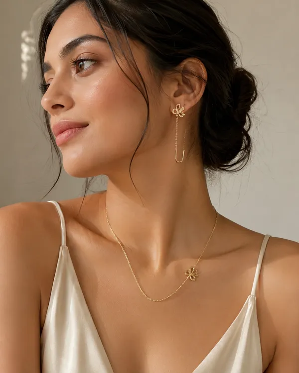 Gold_Brass_Bow_Pendant_Necklace_Threader_Earrings_Set_For_Women