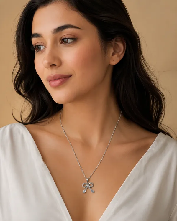 Silver_Brass_Cubic_Zirconia_Bow_Ribbon_Gleam_Pendant_For_Women