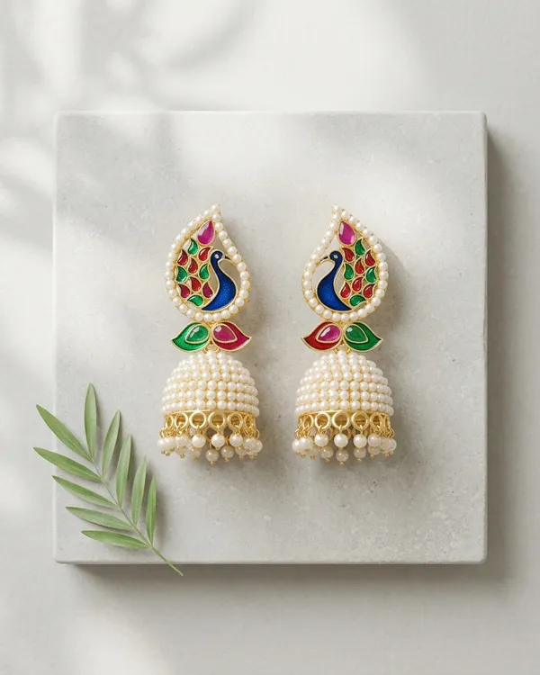 Golden_Brass_Peacock_Pearl_Kalapini_Jhumka_For_Women