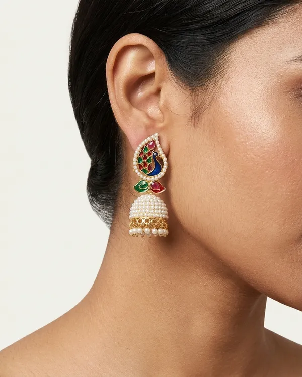 Golden_Brass_Peacock_Pearl_Kalapini_Jhumka_For_Women