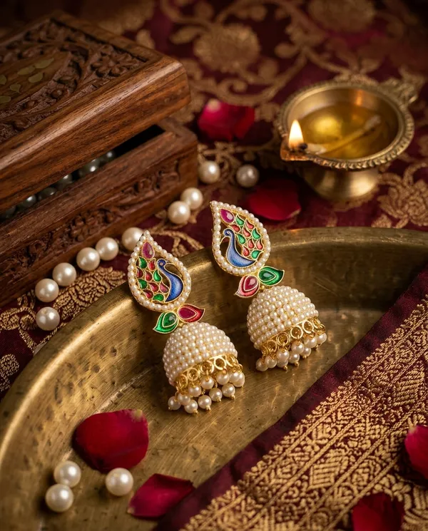 Golden_Brass_Peacock_Pearl_Kalapini_Jhumka_For_Women