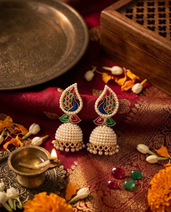 Golden_Brass_Peacock_Pearl_Kalapini_Jhumka_For_Women