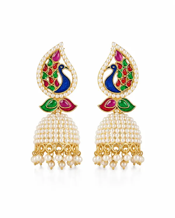 Golden_Brass_Peacock_Pearl_Kalapini_Jhumka_For_Women