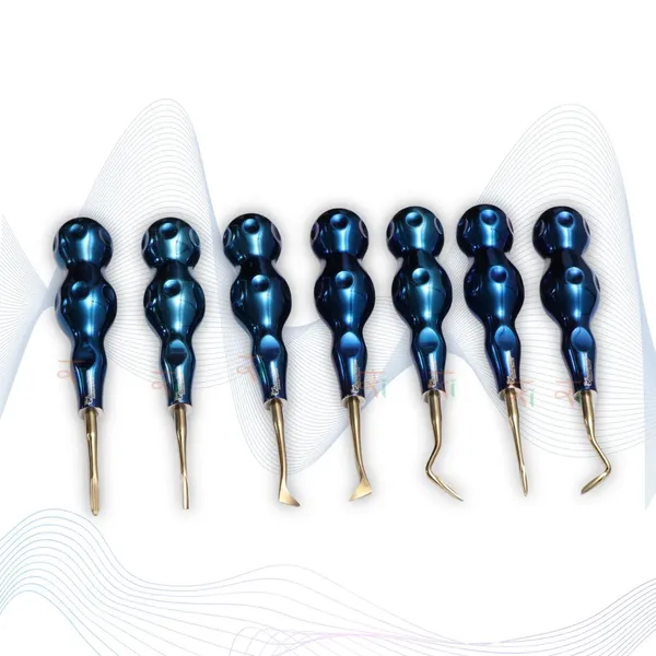 ROOT_ELEVATORS_PREMIUM_ANATOMICAL_HANDLE__SET_OF_7_Pcs._#REPAHK7B2_Anatomic_BLUE_DLC_Handle_|_Gold_TiN_Coated_Tip_|_CNC_Non-Breakable_Design_Joint