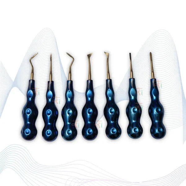ROOT_ELEVATORS_PREMIUM_ANATOMICAL_HANDLE__SET_OF_7_Pcs._#REPAHK7B2_Anatomic_BLUE_DLC_Handle_|_Gold_TiN_Coated_Tip_|_CNC_Non-Breakable_Design_Joint