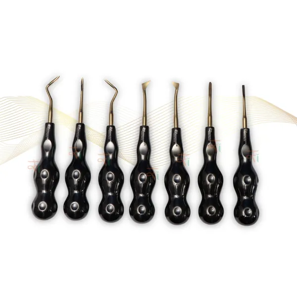 ROOT_ELEVATORS_PREMIUM_ANATOMICAL_HANDLE__SET_OF_7_Pcs._#REPAHK7B3_Anatomic_BLACK_DLC_Handle_|_Gold_TiN_Coated_Tip_|_CNC_Non-Breakable_Design_Joint