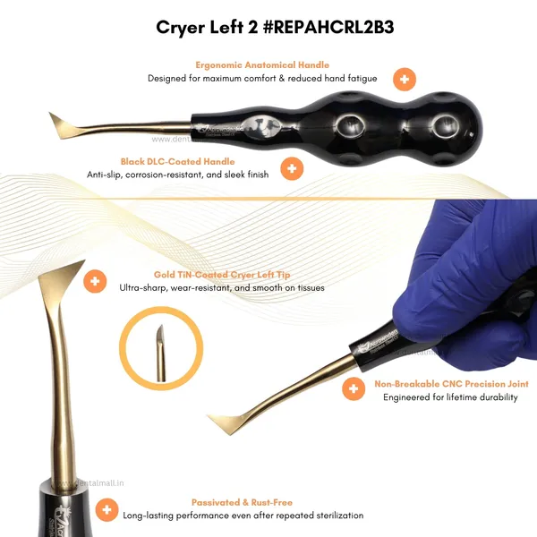 ROOT_ELEVATORS_PREMIUM_ANATOMICAL_HANDLE__SET_OF_7_Pcs._#REPAHK7B3_Anatomic_BLACK_DLC_Handle_|_Gold_TiN_Coated_Tip_|_CNC_Non-Breakable_Design_Joint