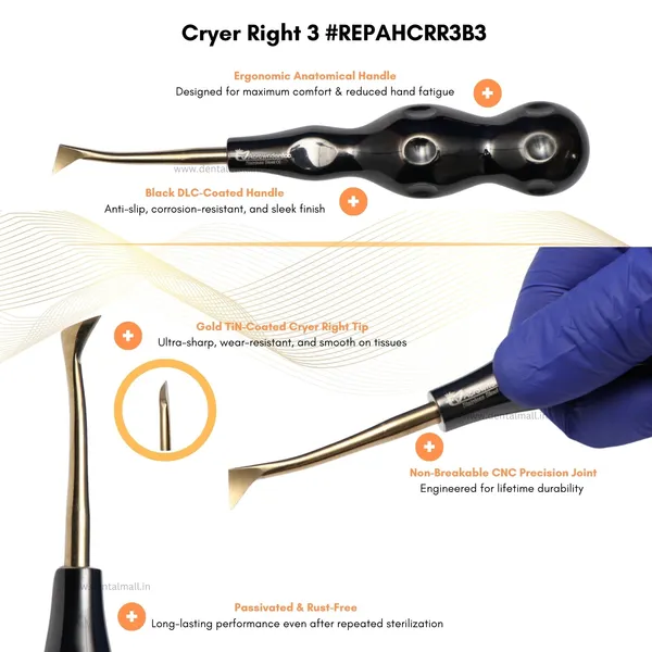 ROOT_ELEVATORS_PREMIUM_ANATOMICAL_HANDLE__SET_OF_7_Pcs._#REPAHK7B3_Anatomic_BLACK_DLC_Handle_|_Gold_TiN_Coated_Tip_|_CNC_Non-Breakable_Design_Joint