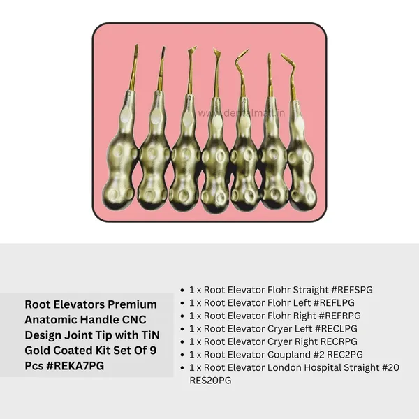 Root_Elevators_Premium_Anatomic_Handle_CNC_Design_Joint_Tip_with_TiN_Gold_Coated_Kit_Set_Of_7_Pcs_#REKA7PG