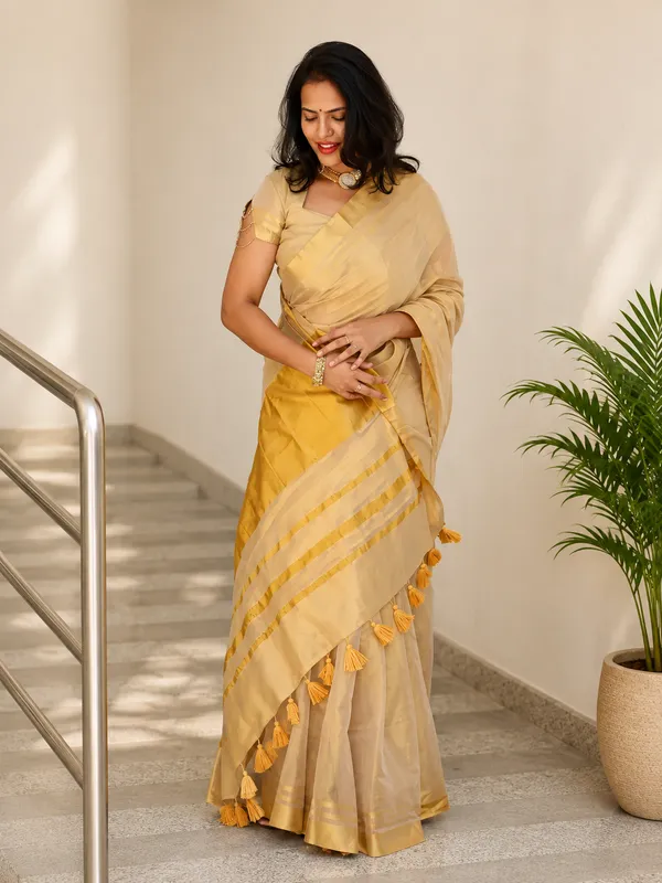 Off_White_Tissue_Silk_Kerala_Kasavu_Zari_Border_Saree_For_Women