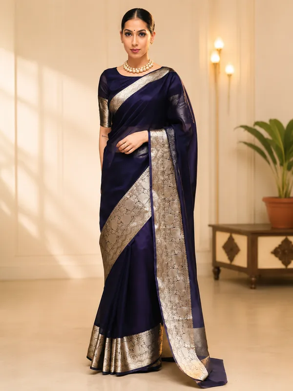 Blue_Organza_Kanjivaram_Zari_Border_Saree_For_Women