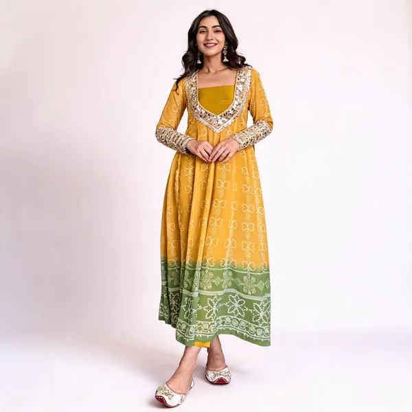 Mustard_Yellow_Green_Faux_Georgette_Mirror_Work_Kurti_Set_For_Women