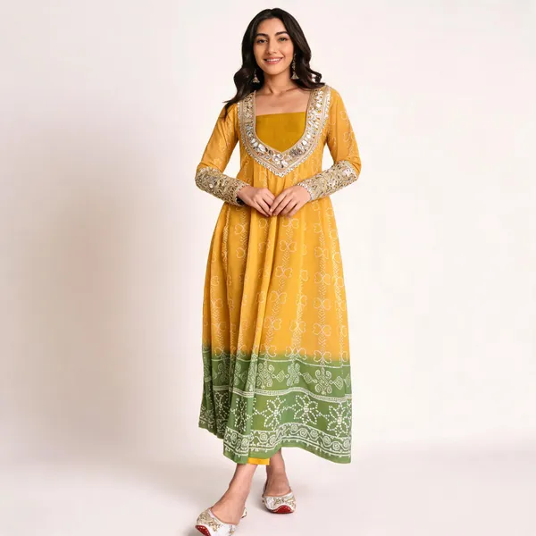 Mustard_Yellow_Green_Faux_Georgette_Mirror_Work_Kurti_Set_For_Women