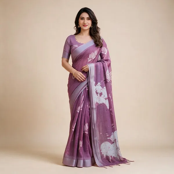 Purple_Linen_Cotton_Printed_Saree_For_Women