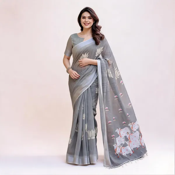 Grey_Linen_Lotus_&_Cow_Motif_Printed_Saree_For_Women