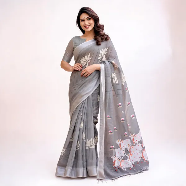 Grey_Linen_Lotus_&_Cow_Motif_Printed_Saree_For_Women