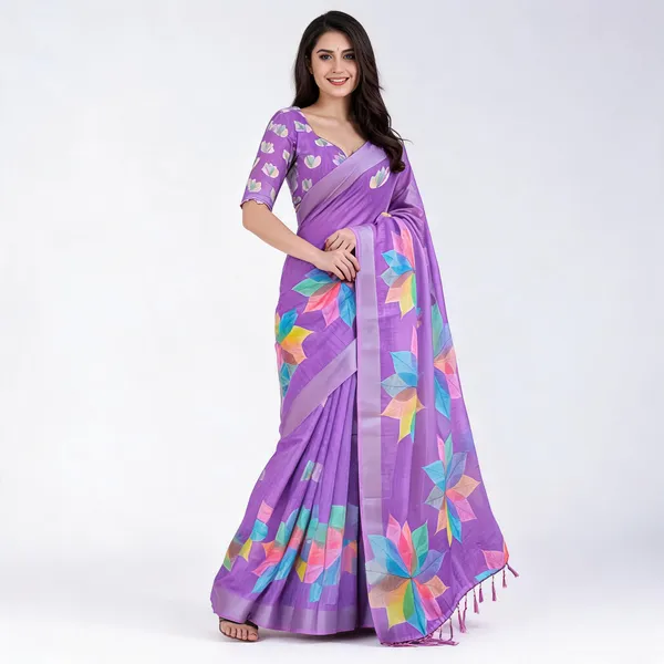 Purple_Linen_Cotton_Leaf_Printed_Tassel_Border_Saree_For_Women