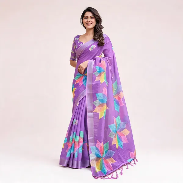 Purple_Linen_Cotton_Leaf_Printed_Tassel_Border_Saree_For_Women