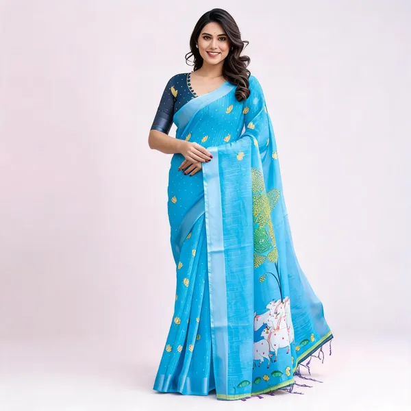 Light_Blue_Cotton_Linen_Chanderi_Floral_Printed_Saree_For_Women