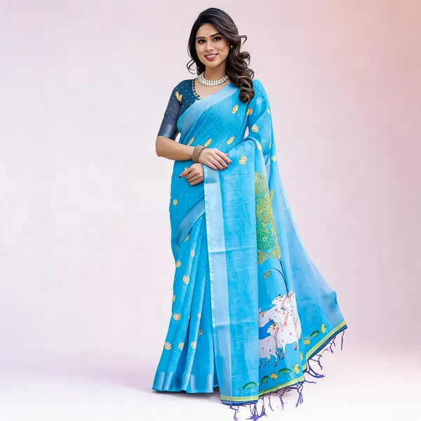 Light_Blue_Cotton_Linen_Chanderi_Floral_Printed_Saree_For_Women